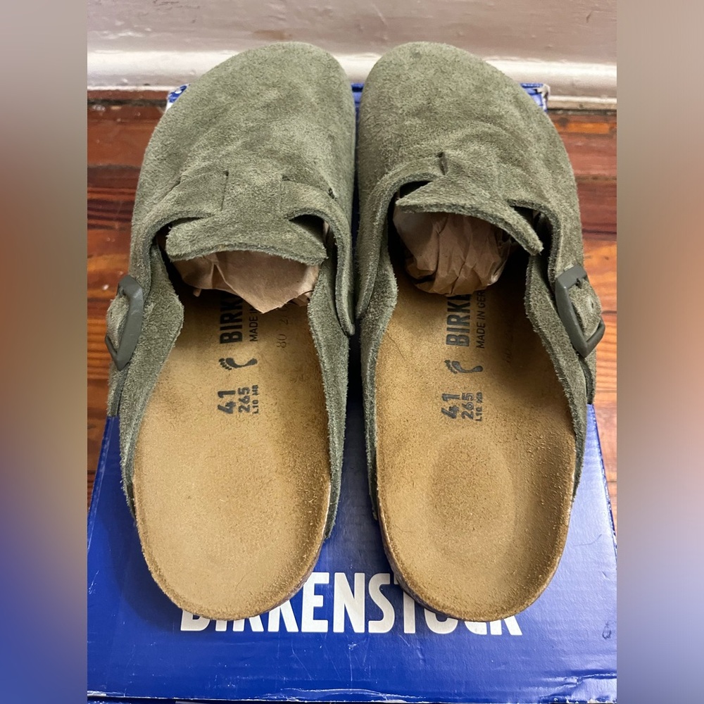 Brand new, never worn suede Birkenstock Boston clogs.